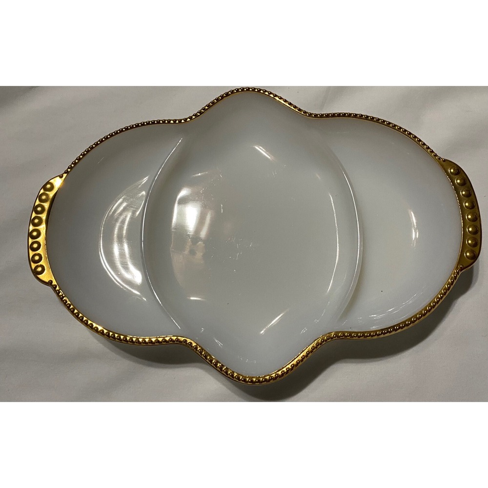 Vintage Fire King Oven Ware White Milk‎ Glass Divided Dish Gold Hobnail Edge